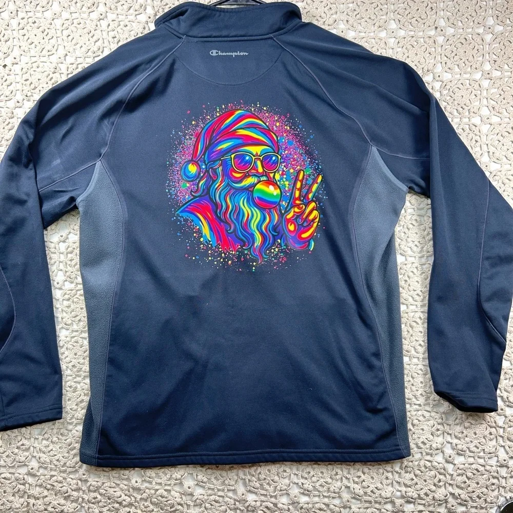Champion Double Dry Full Zip Jacket Navy Blue Graphic Santa Peace Sign  Size M